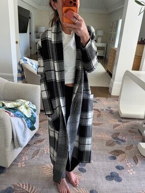 Tahari Black and White Plaid Long Sweater Coat